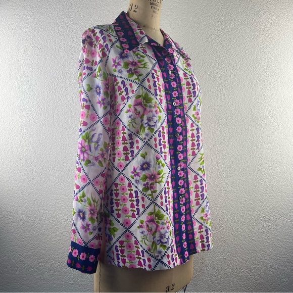 Vintage l 70s L Alex Colman Feminine Floral Silky Pointy Collar Disco Mod Blouse - Picture 8 of 16